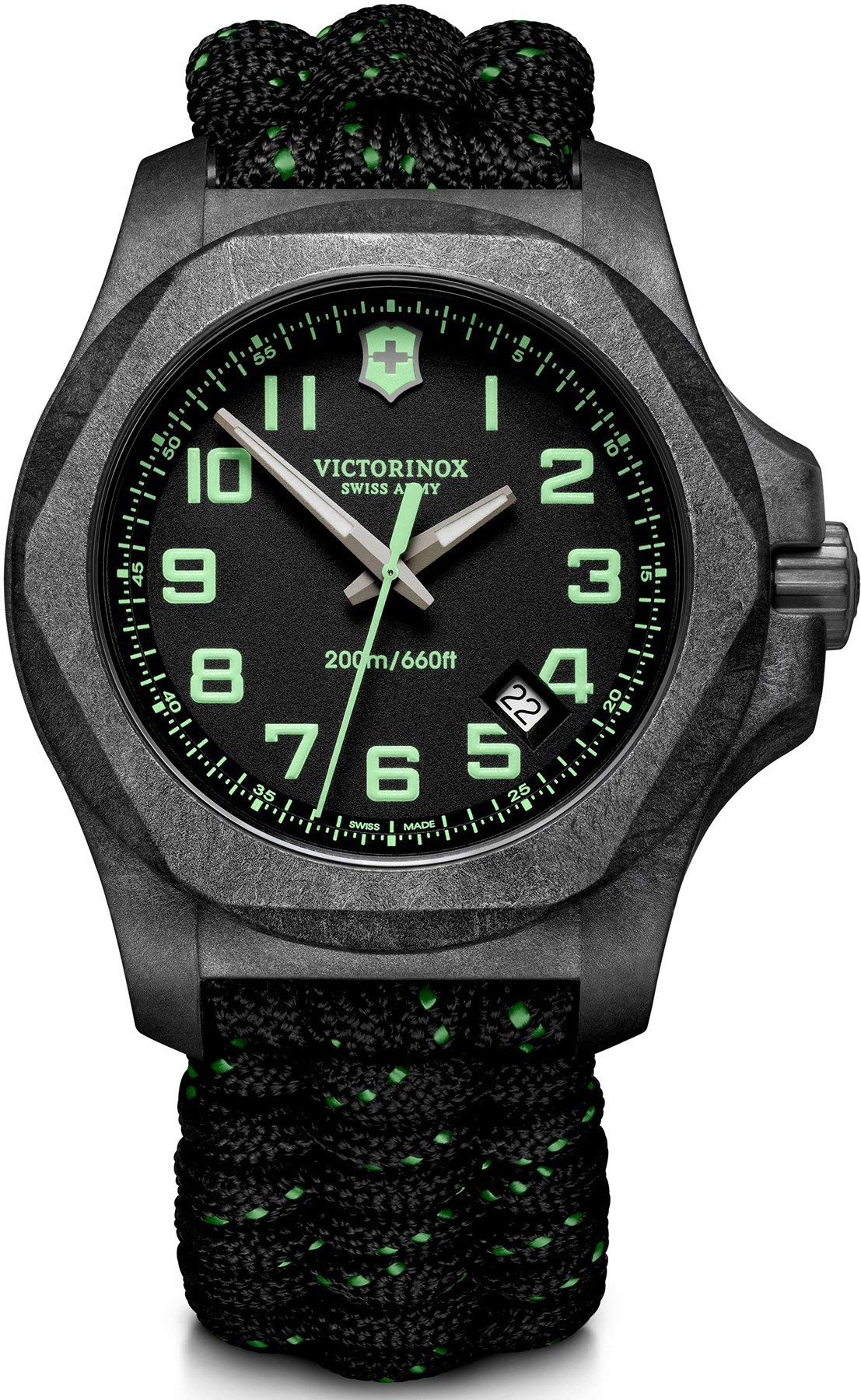 Victorinox Menâ€™s Watch I.N.O.X. Carbon Ã˜ 43 mm, Swiss Made, Analogue Quartz, Water-Resistant up to 200 m, Sapphire Glass, Paracord Strap, Black