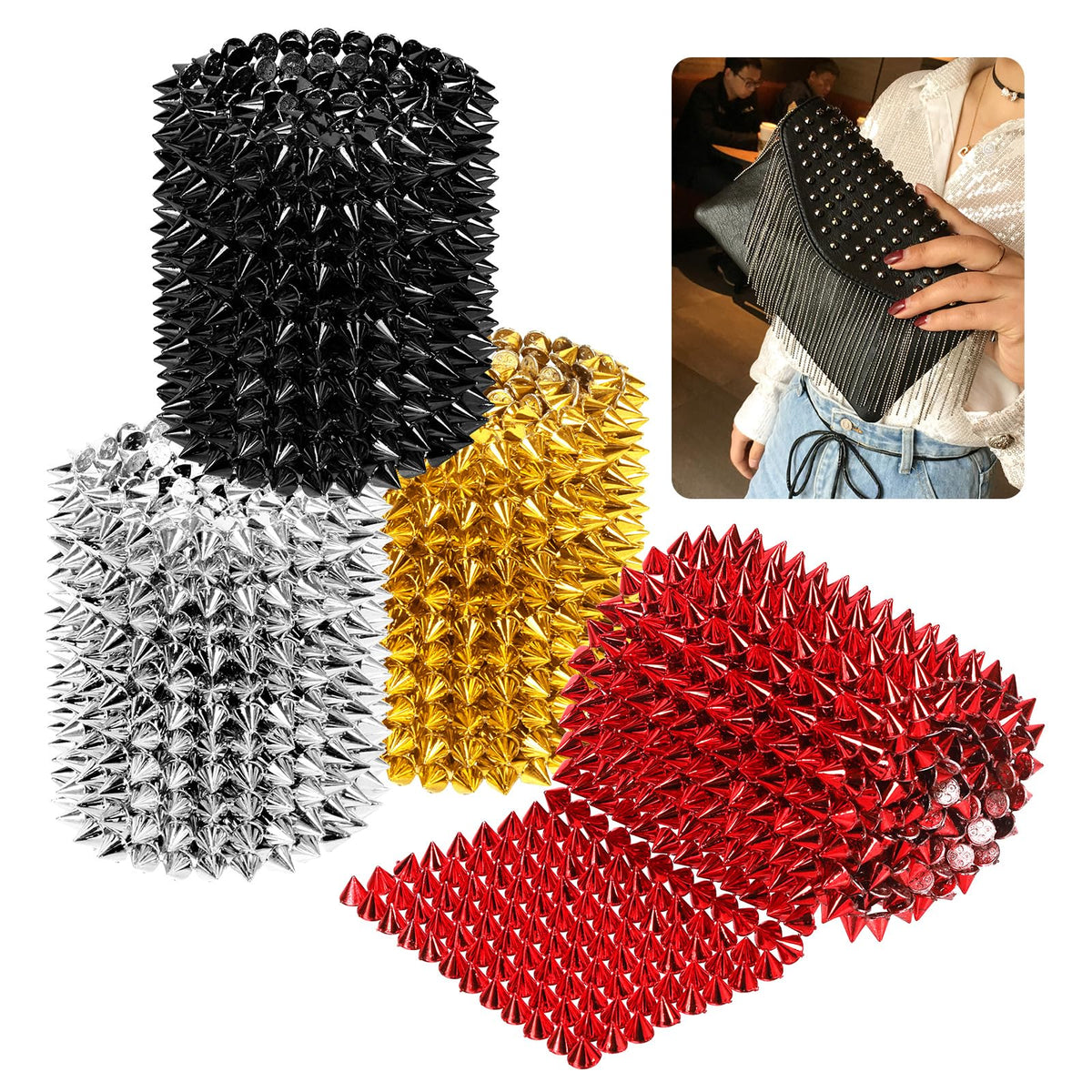 Mardatt 2Pcs 2 Yard Sew Stitch On Spike Stud Set, Cone Flat Back Spike Studs Rivets DIY Punk Rock Trim Mesh Bead Rivets Spikes for Clothing Wedding Decoration Crafts(Black)