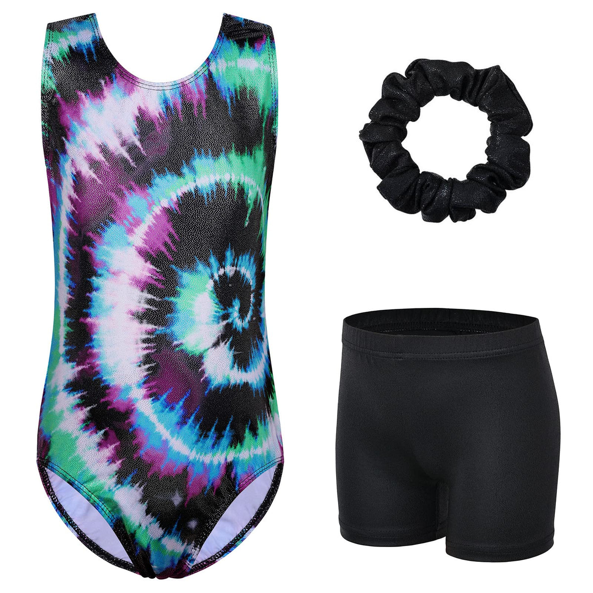 XFGIRLS Leotard for Girls Gymnastics Hollow Back One-Piece Ballet Dancewear Outfit Little Girls Leotard with Short Set Black Tie Dye 11-12 Years