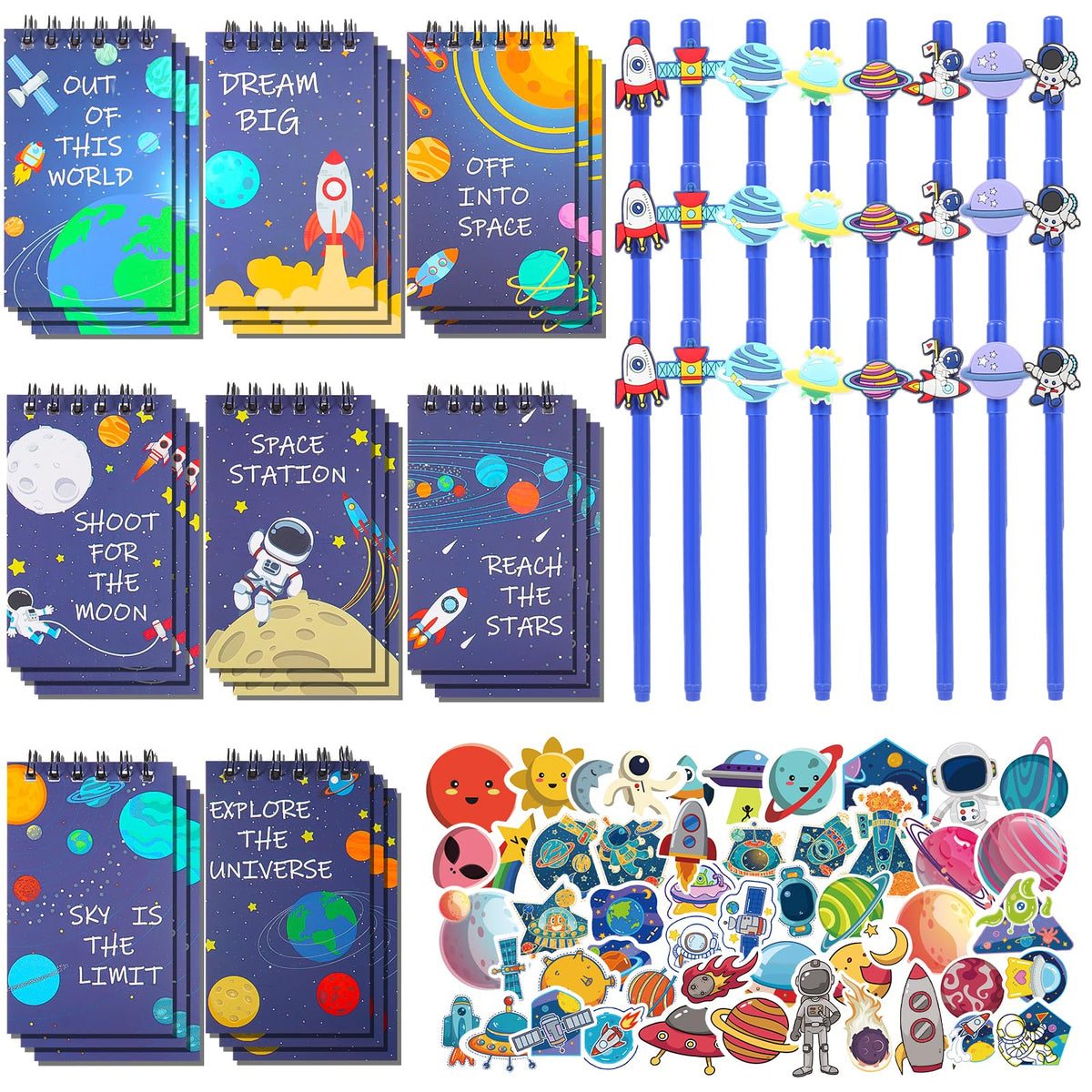 LiYiQ 148 Pcs Space Theme Party Favors Bulk Space Theme Mini Spiral Notepads Space Theme Pens Stickers Set for PET Birthday Party Classroom School Reward Gift Prizes Goodie Bags Stuffers