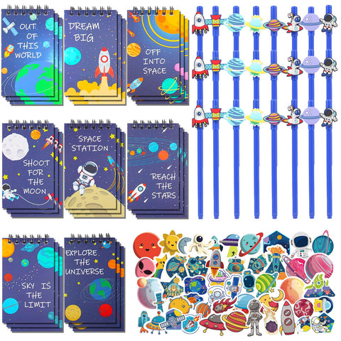 LiYiQ 148 Pcs Space Theme Party Favors Bulk Space Theme Mini Spiral Notepads Space Theme Pens Stickers Set for PET Birthday Party Classroom School Reward Gift Prizes Goodie Bags Stuffers