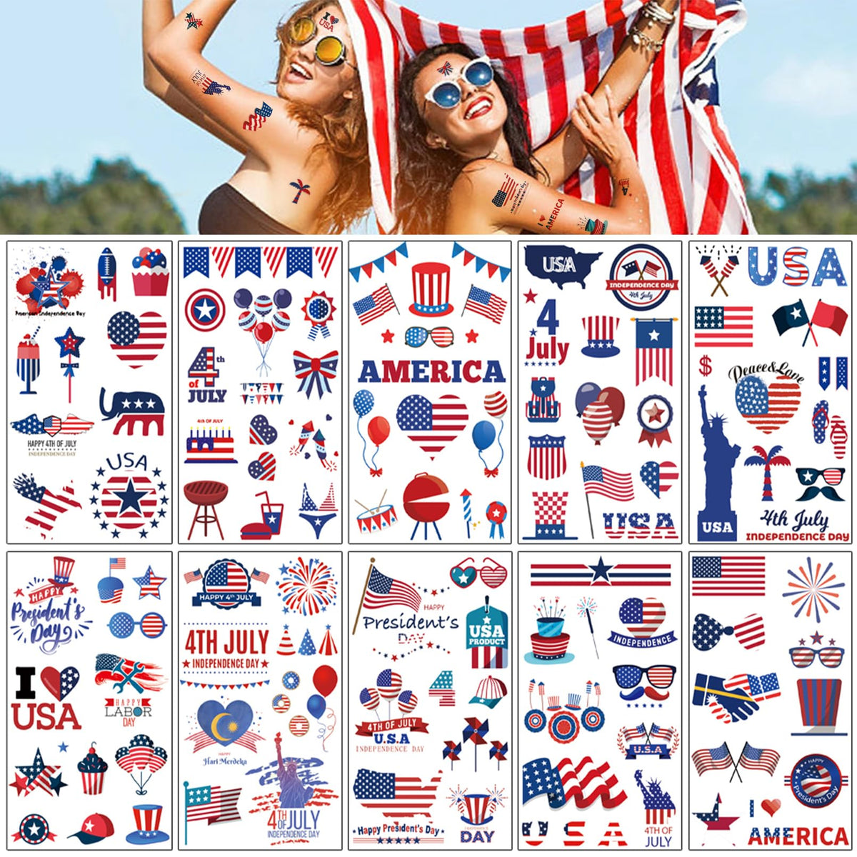 Fourth of July Temporary Tattoo Set Patriotic Decorations Stickers 10 sheets for Kids and Adults, Red White and Blue American Flag USA Party Supplies 4th of July Memorial Independence Labor Day