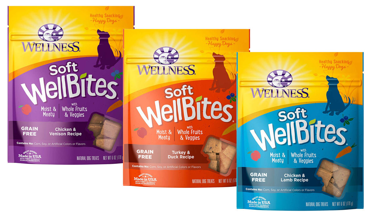 Wellness Soft WellBites Variety Pack, 6 Ounces Each, Chicken & Venison, Turkey & Duck, Chicken & Lamb, Grain-Free Dog Treats