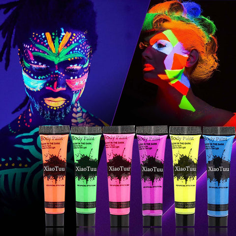 6Pcs Glow in Dark Face Body Paint,Blacklight Neon Fluorescent Long Lasting Face Body Makeup Set Washable Face Body Paint for Halloween,Christmas,Cosplay,Party