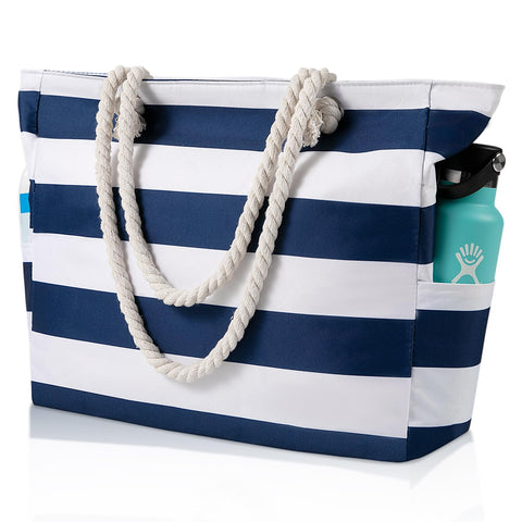 Beach Bags for Women - Large Beach Tote Bag Waterproof Sandproof with Zipper, Swiming Pool Bag Large Tote, Blue, L, Classic