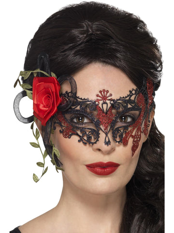 Smiffys Day of the Dead Metal Filigree Eyemask, Black with Roses, Eyemasks Fancy Dress, Halloween Dress Up Eye masks