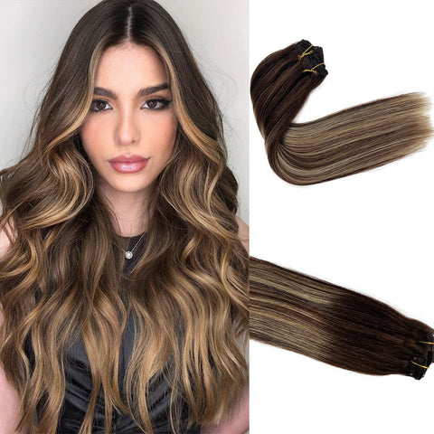 70g Real Hair Extensions Clip in Human Hair Blonde Highlights Double Weft Silky Straight Ombre Natural Hair Extensions Clip in Real Hair Full Head 7Pcs 18inch