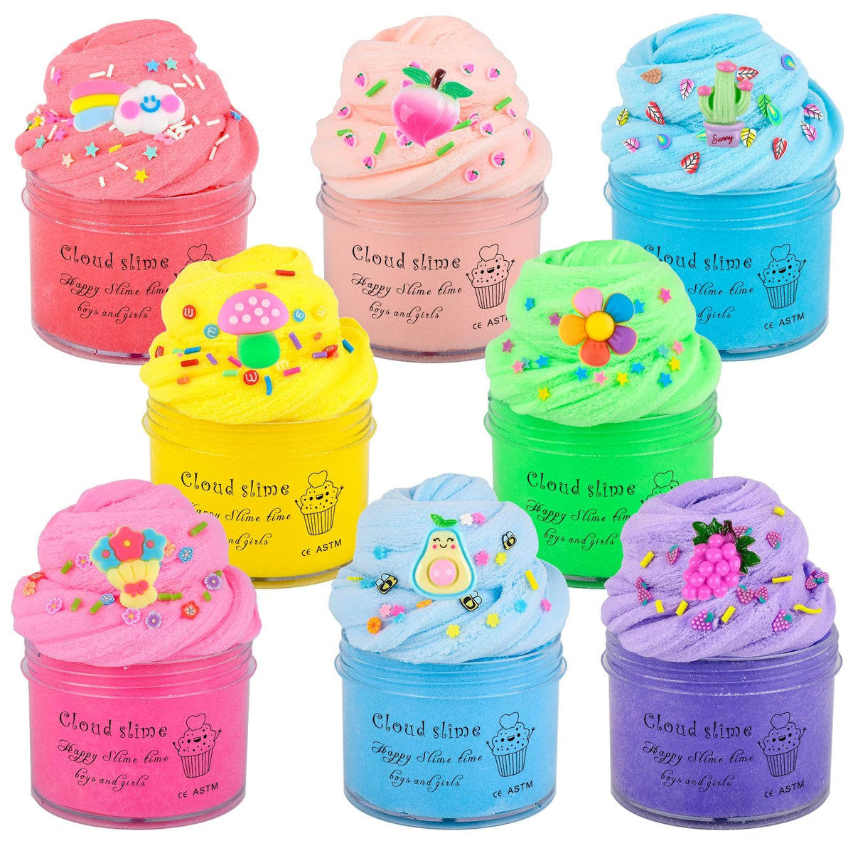 Cloud Slime Kit, 8 Pack Slimes with Peach, Grape, Avocado, Blue Cute Slime Charms for Party Favor Gift, Scented DIY Putty Sludge Toy Gifts for Girls and Boys, Sensory Educational Birthday Toys