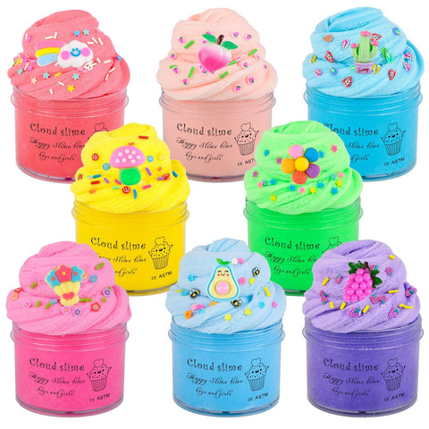 Cloud Slime Kit, 8 Pack Slimes with Peach, Grape, Avocado, Blue Cute Slime Charms for Party Favor Gift, Scented DIY Putty Sludge Toy Gifts for Girls and Boys, Sensory Educational Birthday Toys