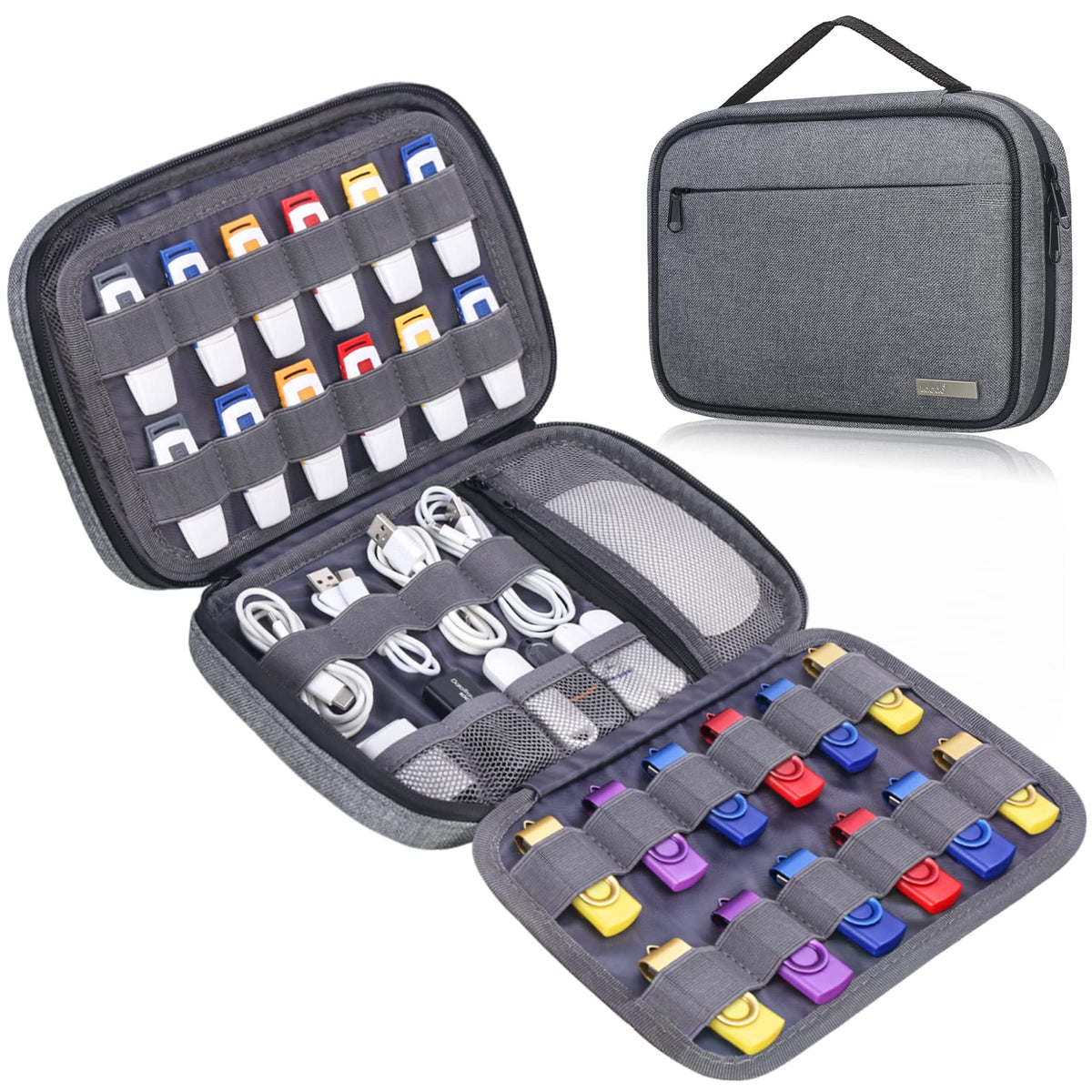 Lacdo USB Flash Drive Case Thumb Drive Holder Case Organizer Portable Electronic Accessories Storage Bag for SanDisk/SamData/Samsung USB Flash Drives Jump Drive Memory Stick, SD Card, Cables, Grey