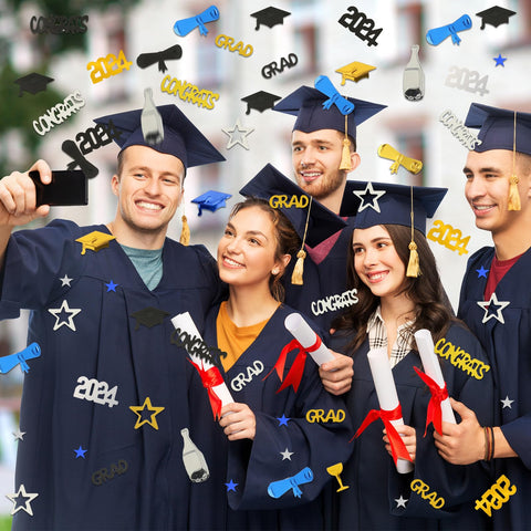 Konsait 2024 Graduation Confetti, Graduation Party Supplies, 2 Oz/ 1500Pcs, Graduation Table Decorations Gold Black Silver and Blue Congrats Stars 2024 Goblet Diploma Confetti Graduation Decorations