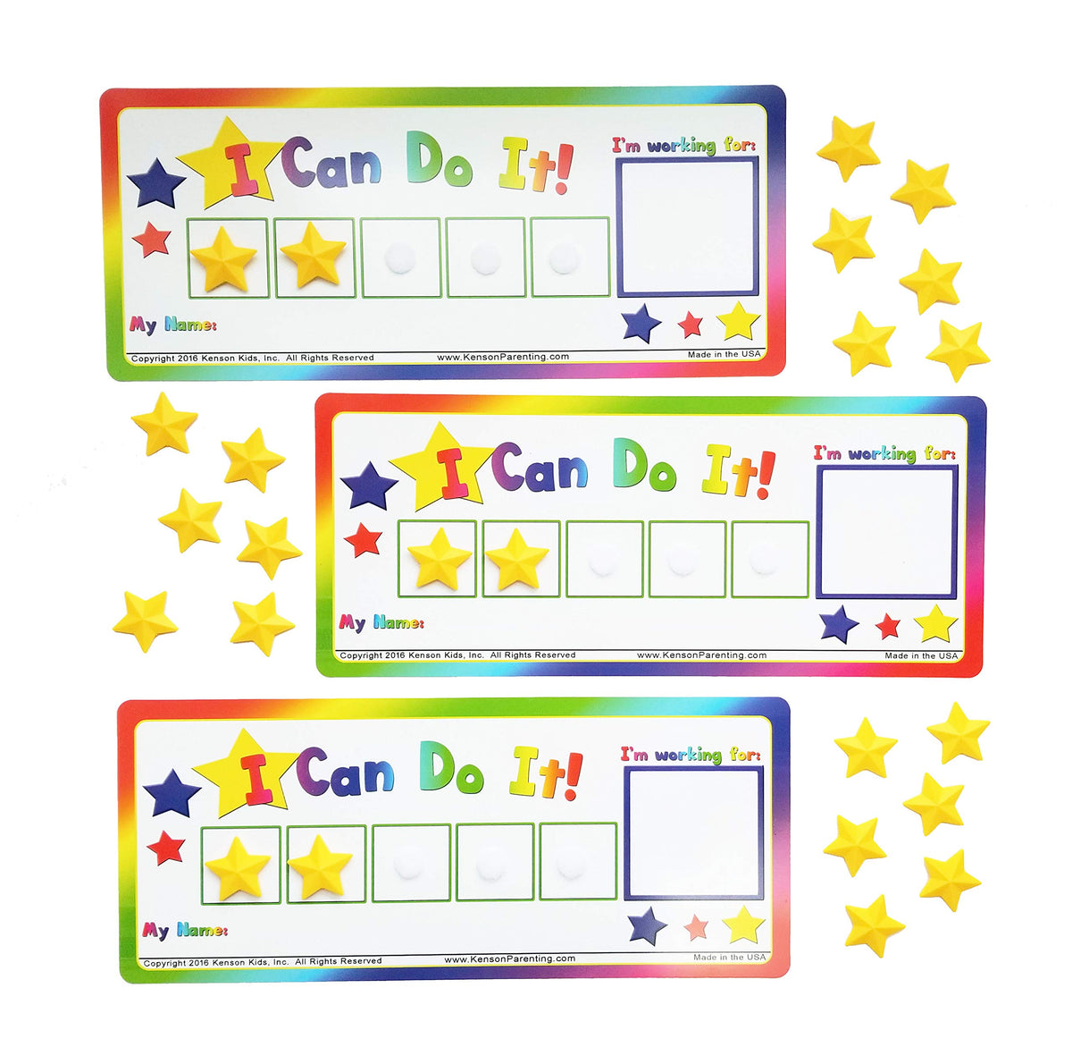 Kenson Kids â€œI Can Do It!â€ Token Board, 3 Pack. Colorful Magnetic Rewards Chart with Positive-Reinforcement Stars and Customizable Goal Box. Great for Ages 3-10. Measures 5-Inches by 11-Inches