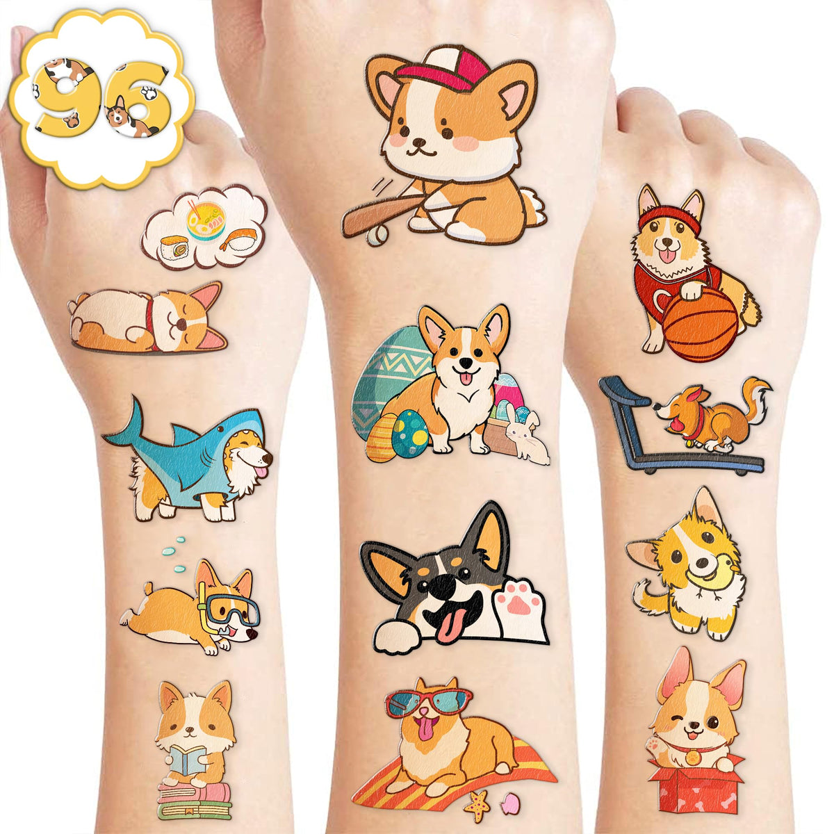 Corgi Temporary Tattoos Birthday Party Supplies Decorations 96PCS Tattoos Stickers Pet Dog Cute Party Favors Kids Boys Girls Gifts Ideas Classroom School Prizes Themed Baby Shower Christmas