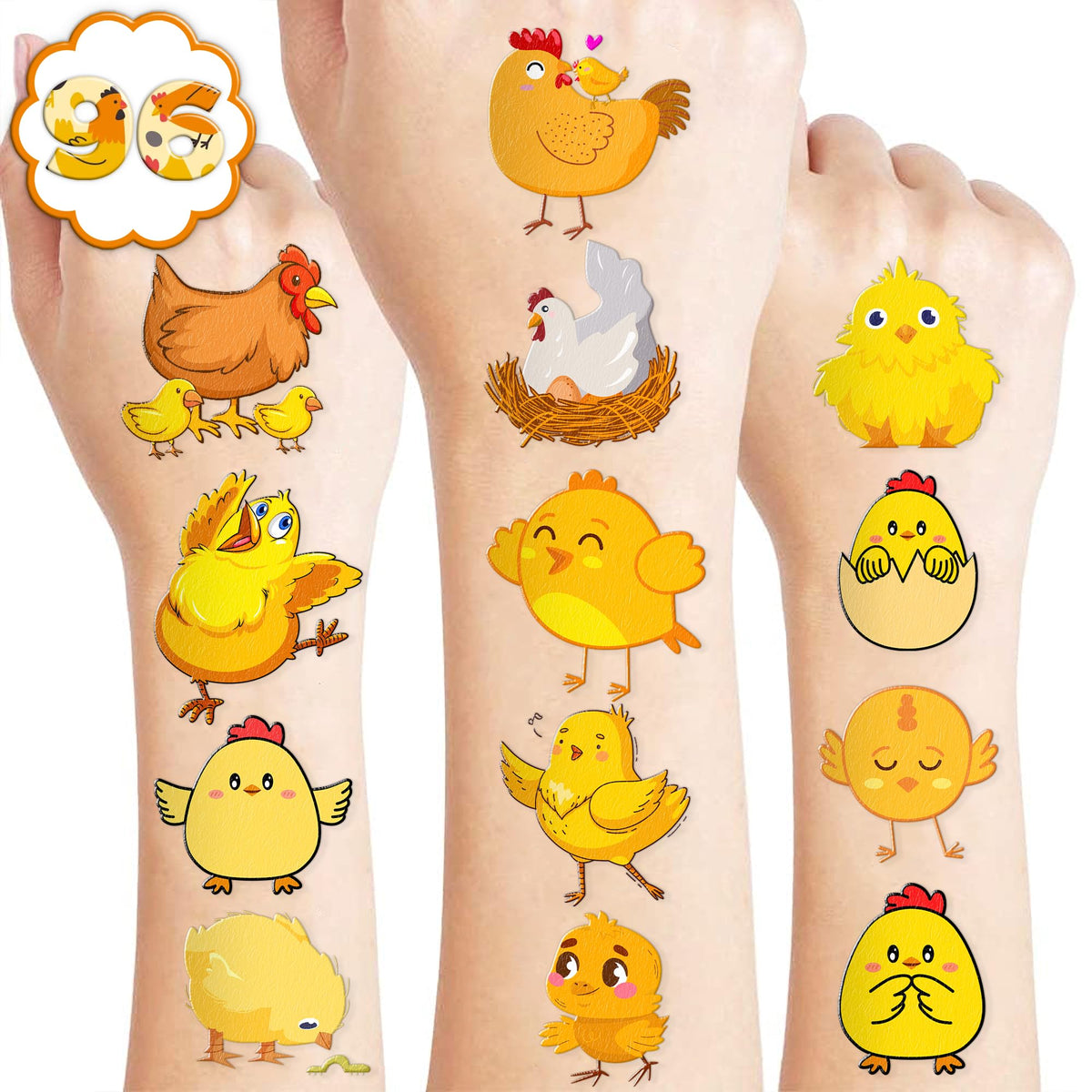 Generic Chicken Temporary Tattoos Birthday Party Supplies Favors Decorations Super Cute 96PCS Fake Tattoos Stickers for Boys Girls School Classroom Rewards Gifts Ideal