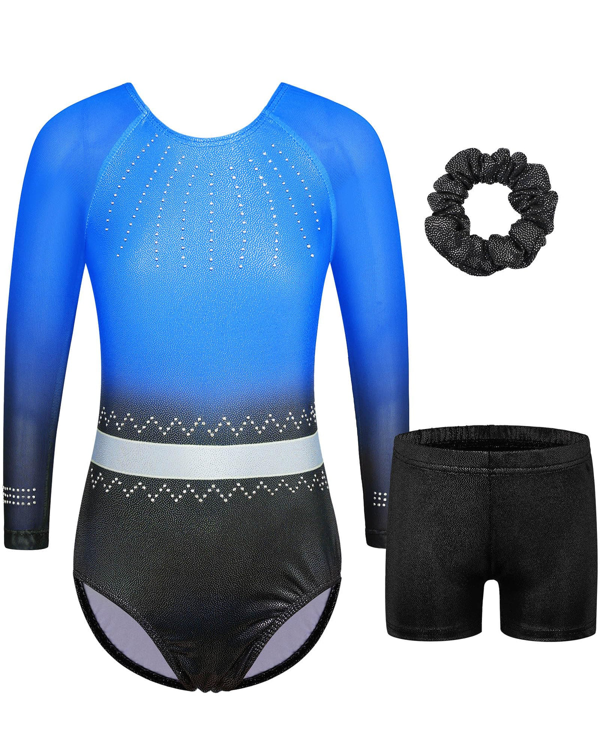 BAOHULU Gymnastics Leotard for Girls 3/4 Sleeve Kids Shiny Practice Dancewear with Shorts Set KHB326_BlackBlue_6A
