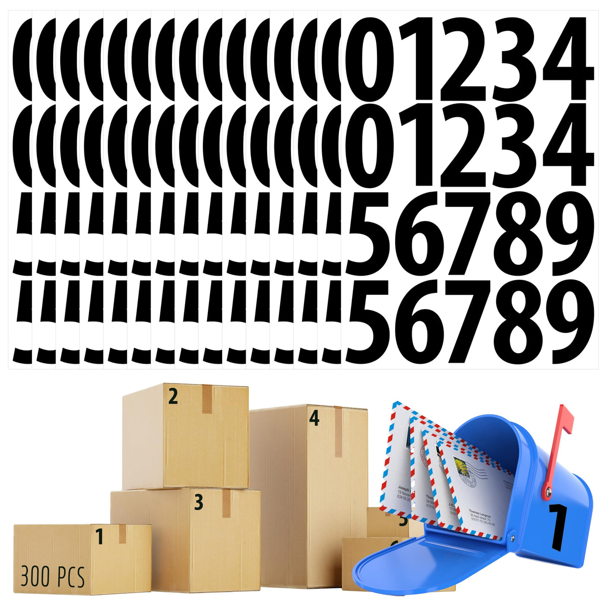 300 PCS Number Stickers, 3" Waterproof Vinyl Number Stickers Self-Adhesive Consecutive Number 0-9 Labels without Residue Left for Office, Classroom, Indoor, Boxes, Storage (15 Sheets, Black)