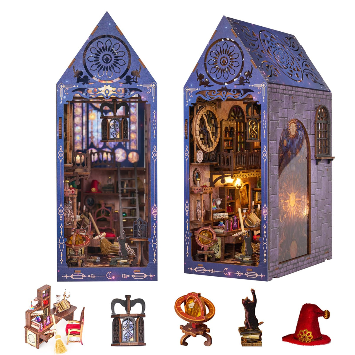 Spilay Book Nook Kit, Spilay DIY Miniature Dollhouse with LED 3D Wooden Puzzle Bookend for Bookshelf Insert Decor, Tiny Model House for Christmas Valentine's Day Gift (Magical Research Society)