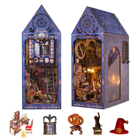 Spilay Book Nook Kit, Spilay DIY Miniature Dollhouse with LED 3D Wooden Puzzle Bookend for Bookshelf Insert Decor, Tiny Model House for Christmas Valentine's Day Gift (Magical Research Society)