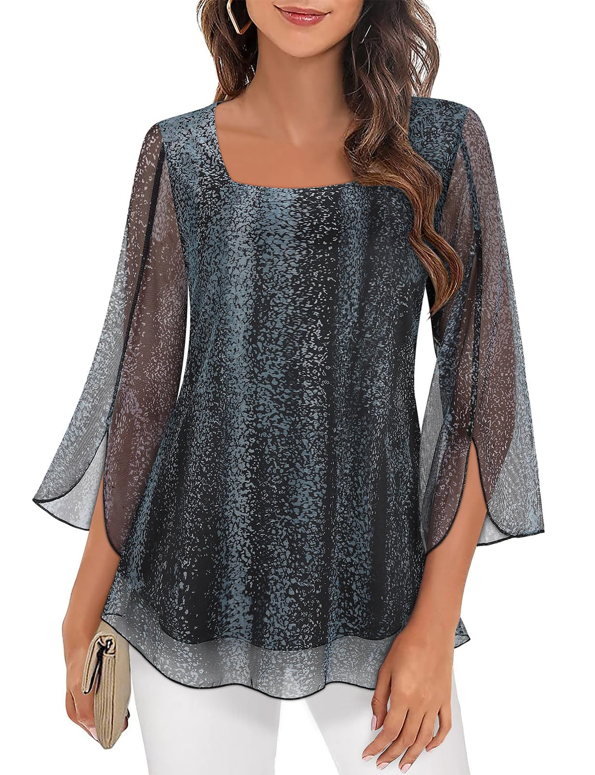 Ladies Summer Tops, Flowy Chiffon Blouse Women Elegant Square Neck 3/4 Sleeve Blouse Shirts Ladies Floral Tunic Shirts Ladies Evening Tops Black S