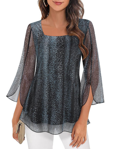 Ladies Summer Tops, Flowy Chiffon Blouse Women Elegant Square Neck 3/4 Sleeve Blouse Shirts Ladies Floral Tunic Shirts Ladies Evening Tops Black S
