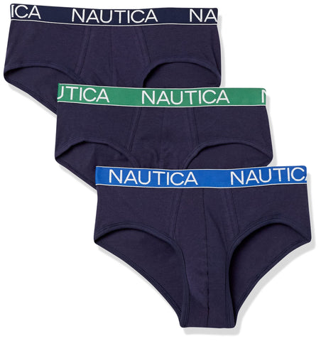Nautica Men's 3 Pack Cotton Stretch Brief, Peacoat-Peacoat/Green/Cobalt Waistband, Small
