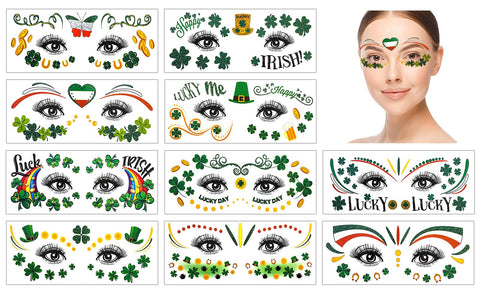 HOWAF 10 Sheets St Patrick's Day Face Tattoo Stickers,Shamrock Clover Facial Makeup Sticker Face Eye Tattoos for St. Patrick's Day Party Accessory, Irish Green Party Glitter Face Art Temporary Tattoos