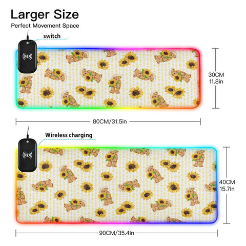Cute Bear Holding Sunflowers Wireless Charging Mouse Pad for Mobile Phone Extra Large Gaming Mousepad with 13 Lighting Modes Extended Desk Mat for Gaming MacBook PC Laptop Desk Home Office