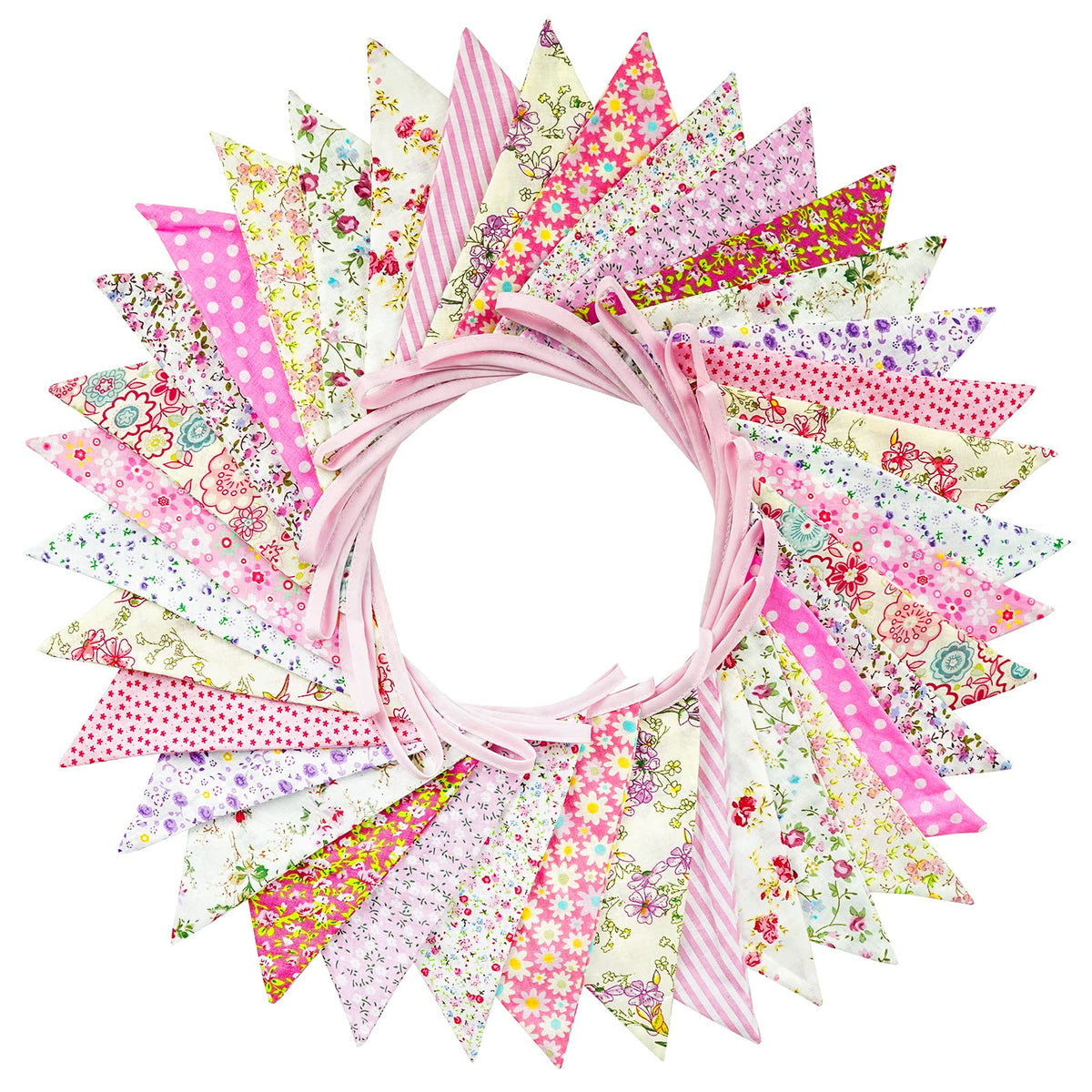 G2PLUS 36PCS Large Fabric Bunting Banner, 10M Double Sided Cotton Triangle Flag Garland-17x19CM Two Layer Pink Floral Pennants for Wedding Birthday Parties