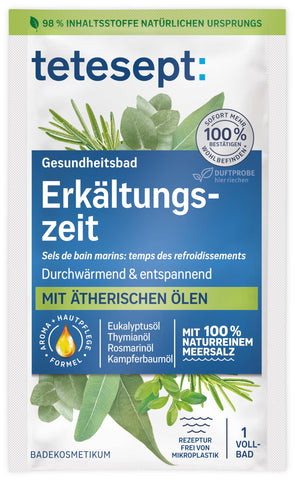 tetesept Sea Salt Bath Additive Cold - Bath Salt with Essential Oils for Cold Discomfort - Respiratory Tract & Promote Wellbeing - Pack of 10 x 80 g