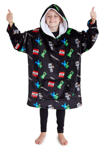 Minecraft Hoodie , Oversized Blanket Hoodie, Fleece Dressing Gown Kids (Black)