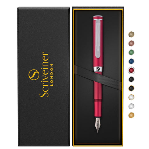Scriveiner Luxury EDC Fountain Pen (Fine), Stunning Matt Red Pocket Pen, Chrome Finish, Schmidt German Nib, Converter, Best Writing Pen Gift Set for Men & Women, Nice Fancy Office Designer Pen