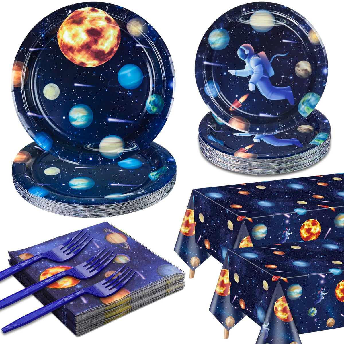 Outer Space Party Supplies for 40 Guests, Include Astronaut Planet Paper Plates, Napkins, Forks, Outer Solar System Tablecloths for Kids Birthday Party Solar System Theme Party Decorations