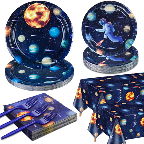 Outer Space Party Supplies for 40 Guests, Include Astronaut Planet Paper Plates, Napkins, Forks, Outer Solar System Tablecloths for Kids Birthday Party Solar System Theme Party Decorations