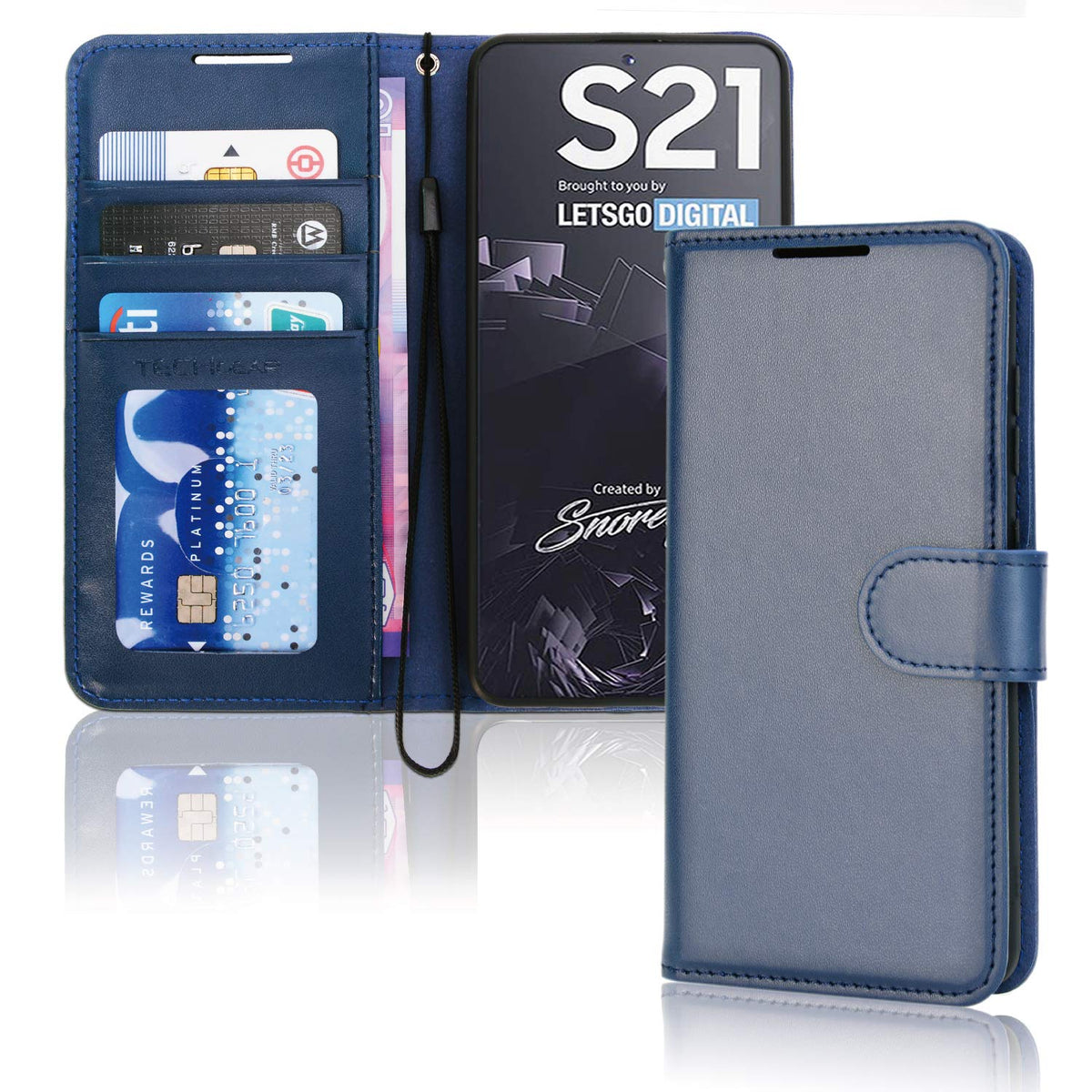 TECHGEAR Galaxy S21 Leather Wallet Case, Flip Protective Case Cover with Wallet Card Holder, Stand and Wrist Strap - Navy Blue PU Leather with Magnetic Closure Designed For Samsung Galaxy S21 / S21 5G