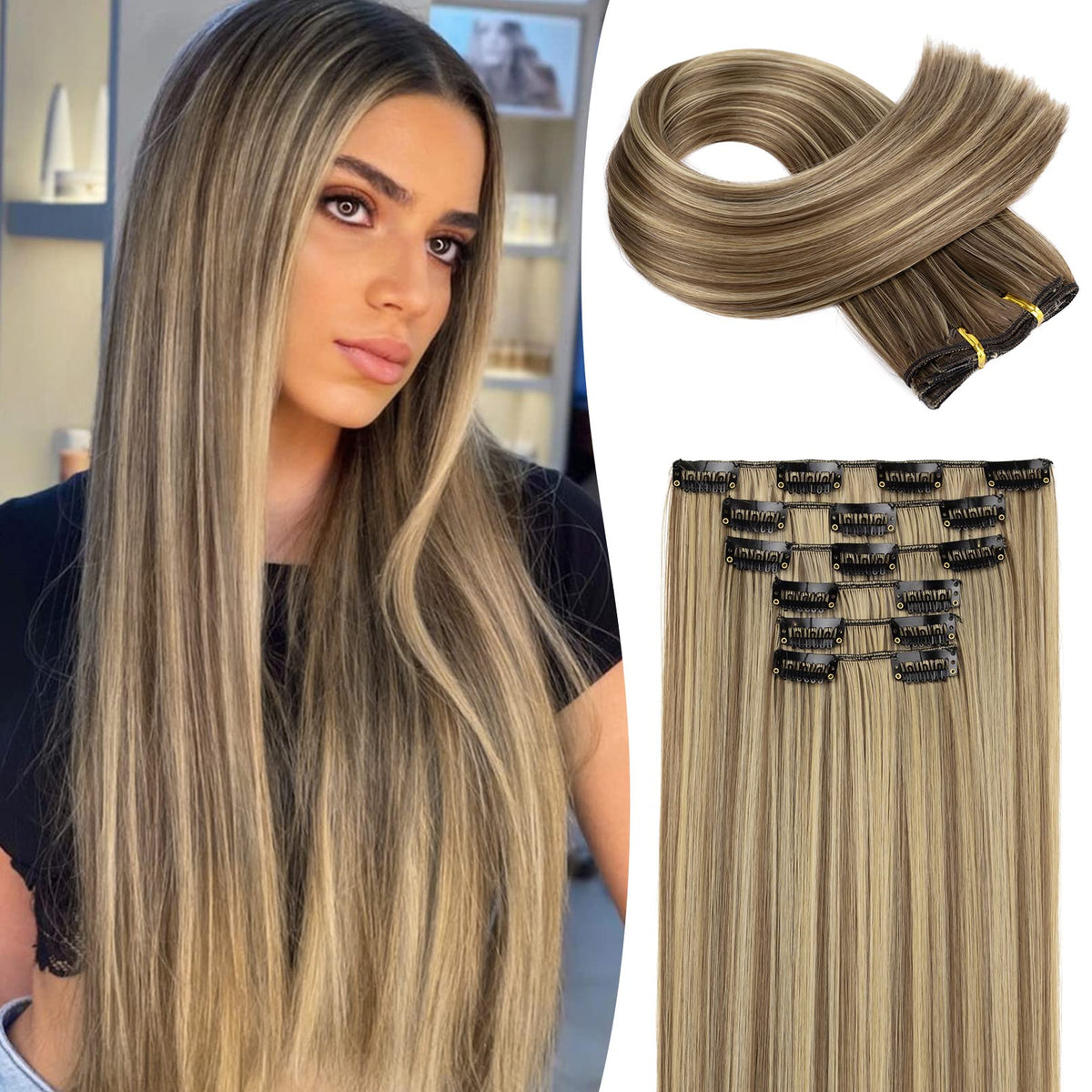 Clip in hair extensions?LONAI 6PCS Straight 24" Hair Extensions for Women?Heat Resistant Synthetic Hairpiece-Cool Brown with Blonde Highlights