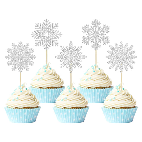 30Pcs Snowflake Cupcake Toppers Glitter Winter Frozen Theme Cupcake Picks Baby Shower Cake Decorations for Snowflake Theme Christmas Kids Birthday Theme Party Supplies Silver