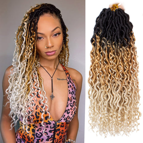 ZRQ 8 Packs Goddess Locs Crochet Hair 18 Inch Ombre Boho Faux Locs Crochet Braids 613, 3 Tone Pre Looped Bohemian Locs River Soft Locs Crochet Hair Synthetic Boho Faux Locs 1B27613#