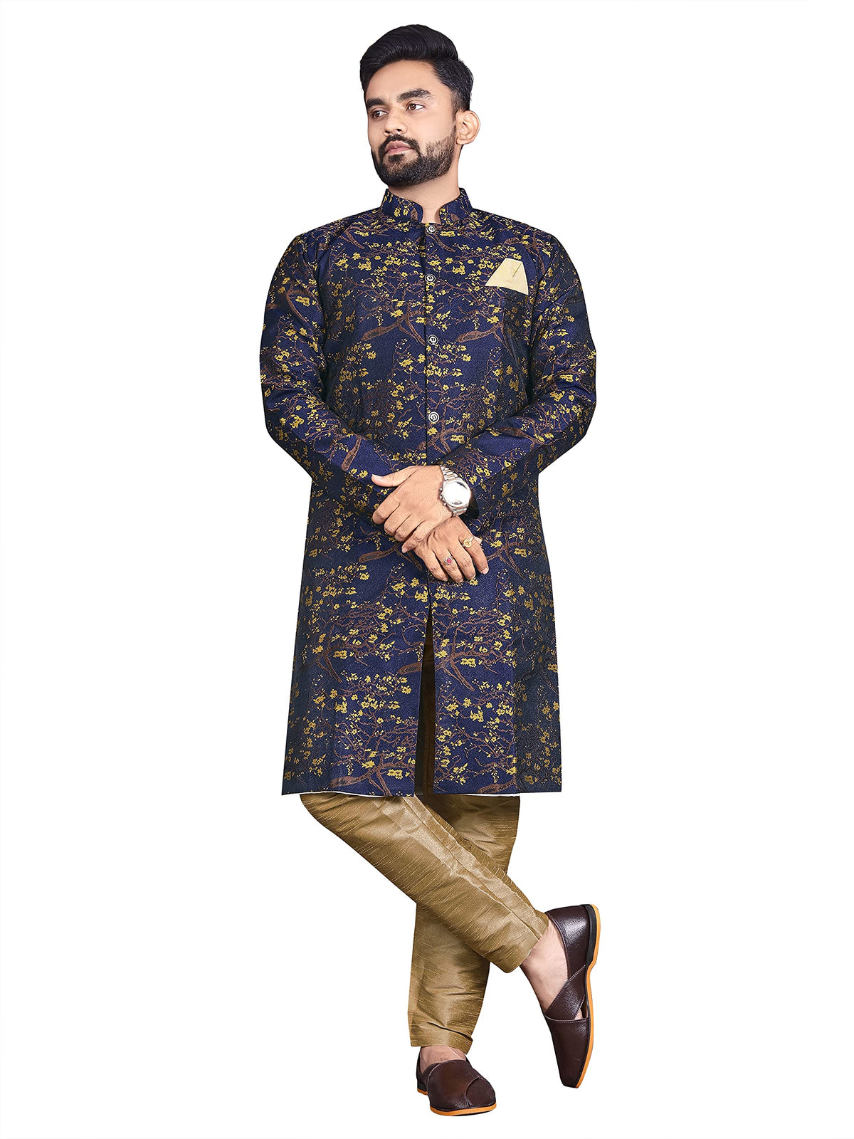 N.B.F Fashion Mens Ethnic Wear Indo Western Set, Royal Blue Yellow, 46