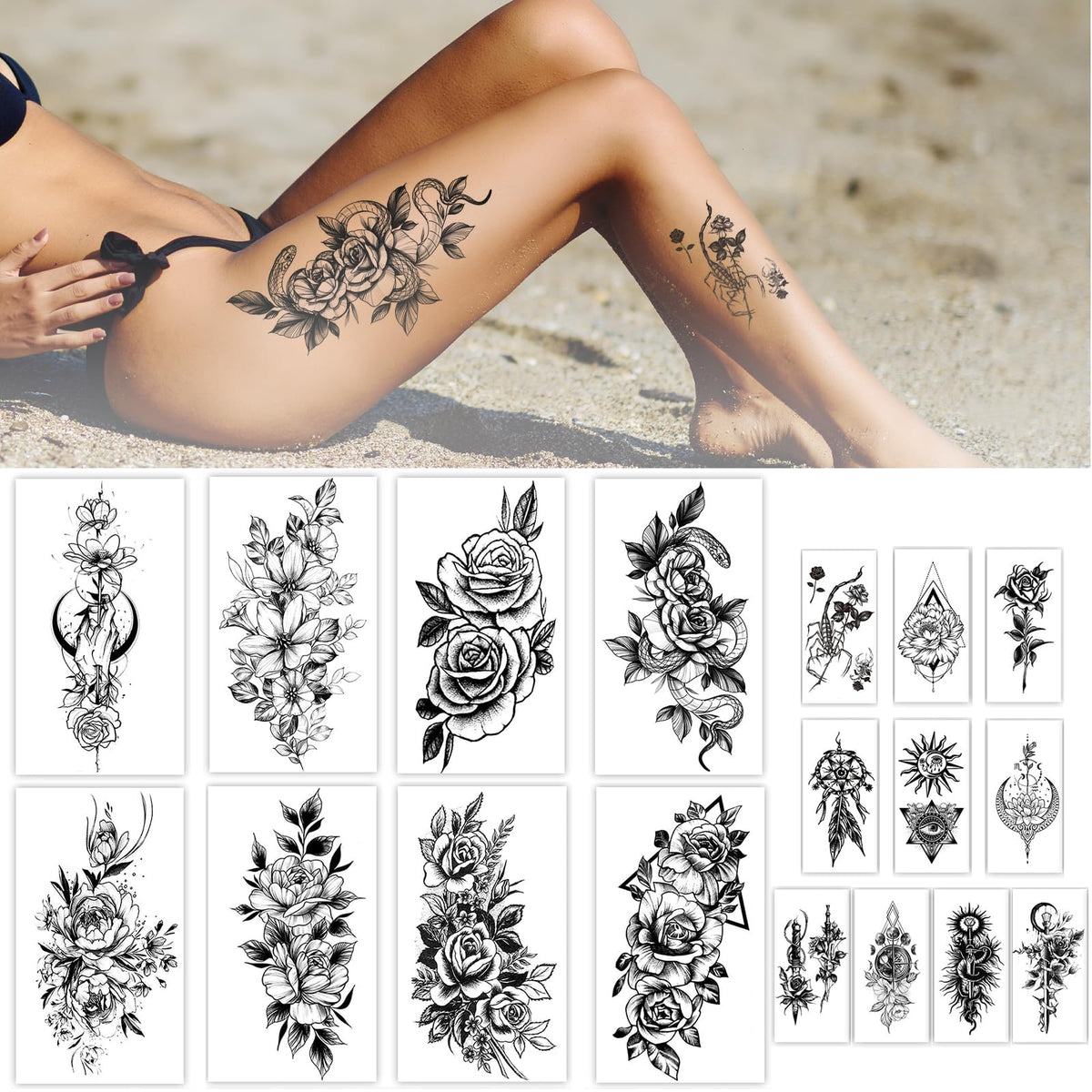 HEYYUNG 18 Pcs Flower Tattoos for Women, Temporary Sexy Tattoos, Realistic 3D Sketch Henna Tattoo Kit Sleeves for Women, Makeup Designs Chest Abdomen Back Tattoos for Girls