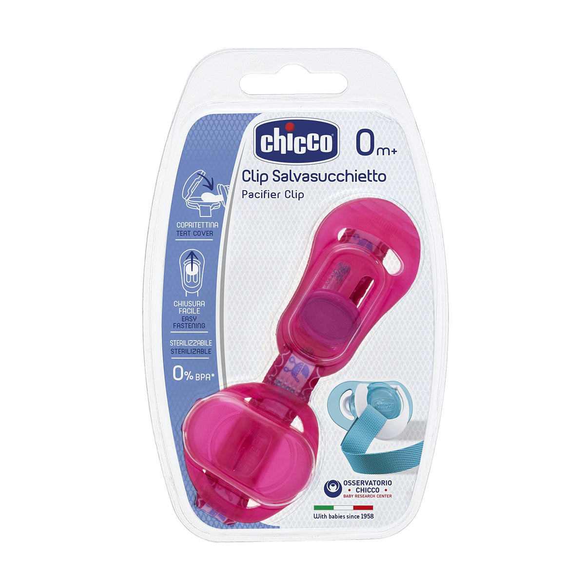 Chicco Dummy Chain with Dummy Protection, Clip, Velcro Band, Pink