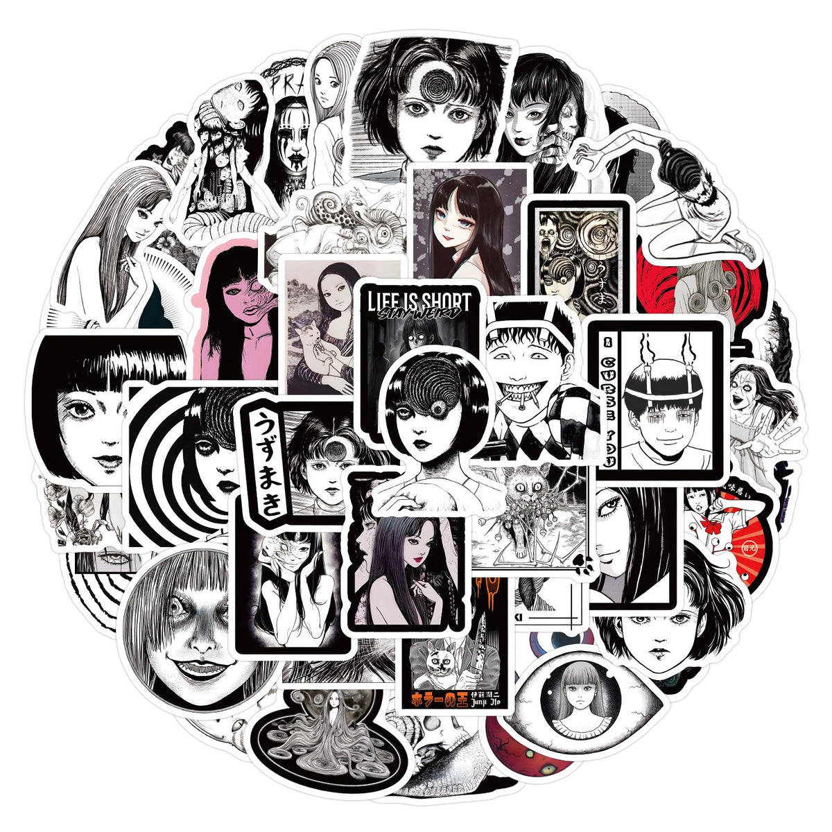 Junji Ito Stickers Car Laptop Phone Guitar Skateboard Motorcycle Bicycle Junji Ito Stickers Set Vinyl Waterproof Aesthetic Stickers for Teenagers Children Adults 60 Pieces