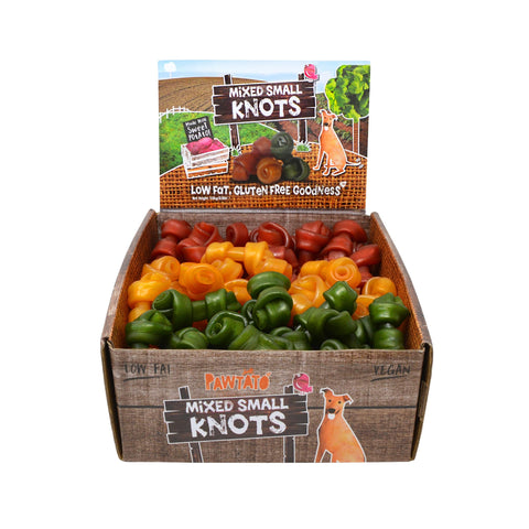 Pawtato Knots Small - Mixed Case Vegan dog Chews. Natural rawhide alternative dog treat. Low fat, plant based, hypoallergenic, sweet potato chews 1.6kg, Green/Orange/Red