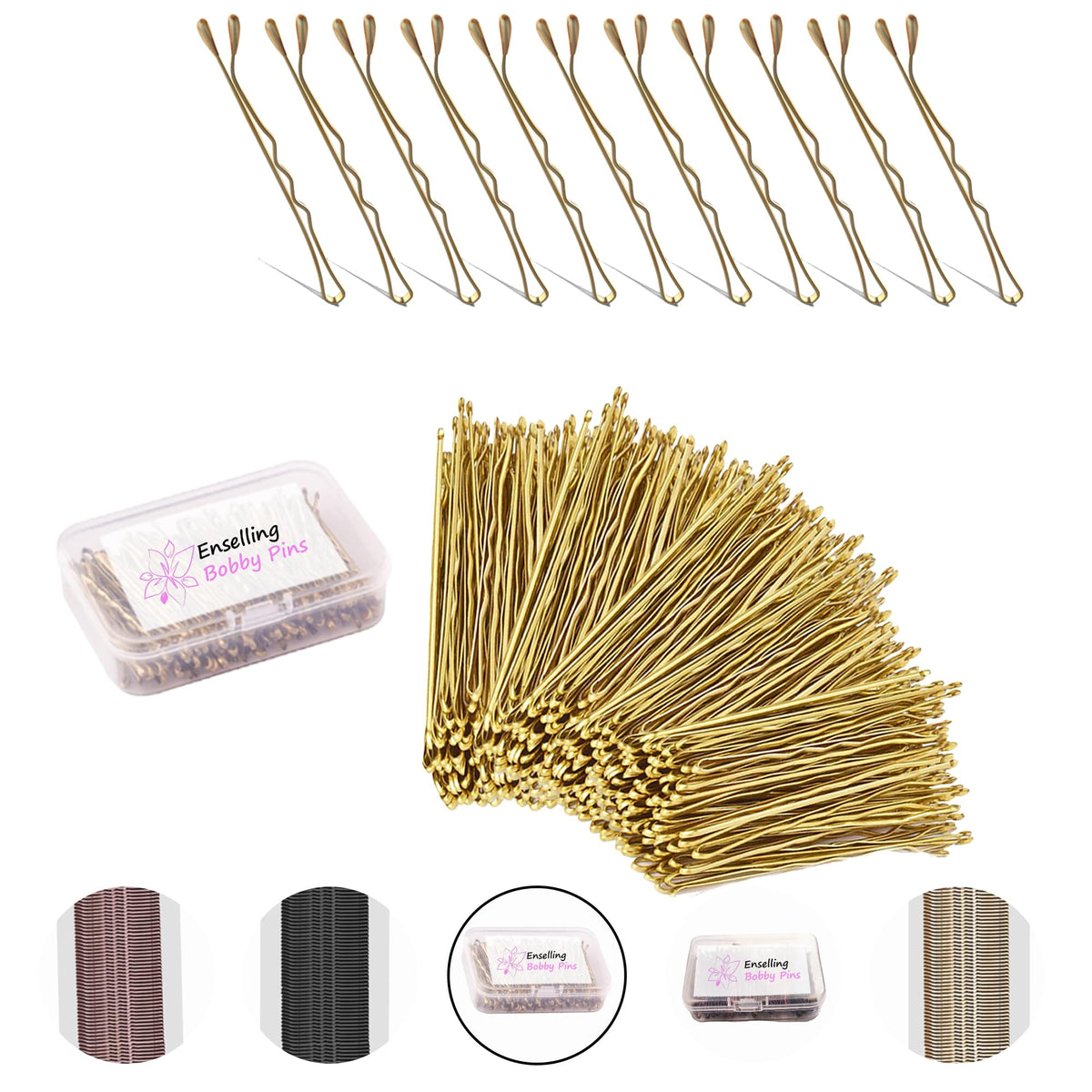 Enselling Hair Grips Pack of 150-5cm - Crimped Blonde Bobby Pins for Women, Girls and Hairdressing Salons -Perfect for Thick, Thin & Curly Hair Styling - Reusable Box (Golden Pack of 150)