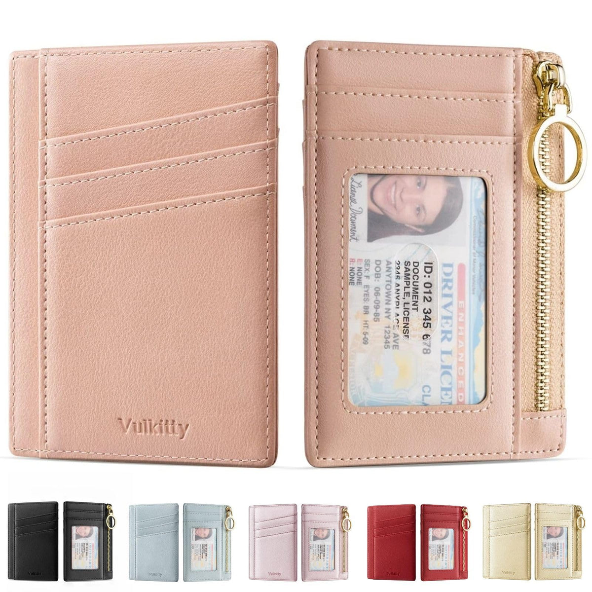 Vulkitty Card Wallet Women RFID Credit Card Holders Slim Front Pocket Wallet Keychain Small Coin Purse with ID Slot Window