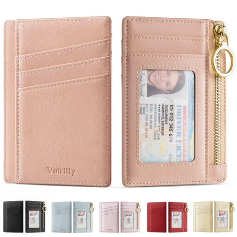 Vulkitty Card Wallet Women RFID Credit Card Holders Slim Front Pocket Wallet Keychain Small Coin Purse with ID Slot Window