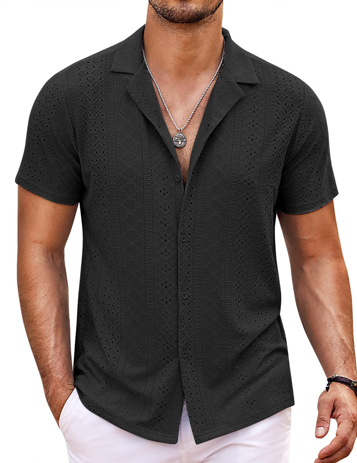 COOFANDY Beach Button Up Shirts for Men Short Sleeve Summer Shirt Lightweight Hawaiian Hollow Shirts Black