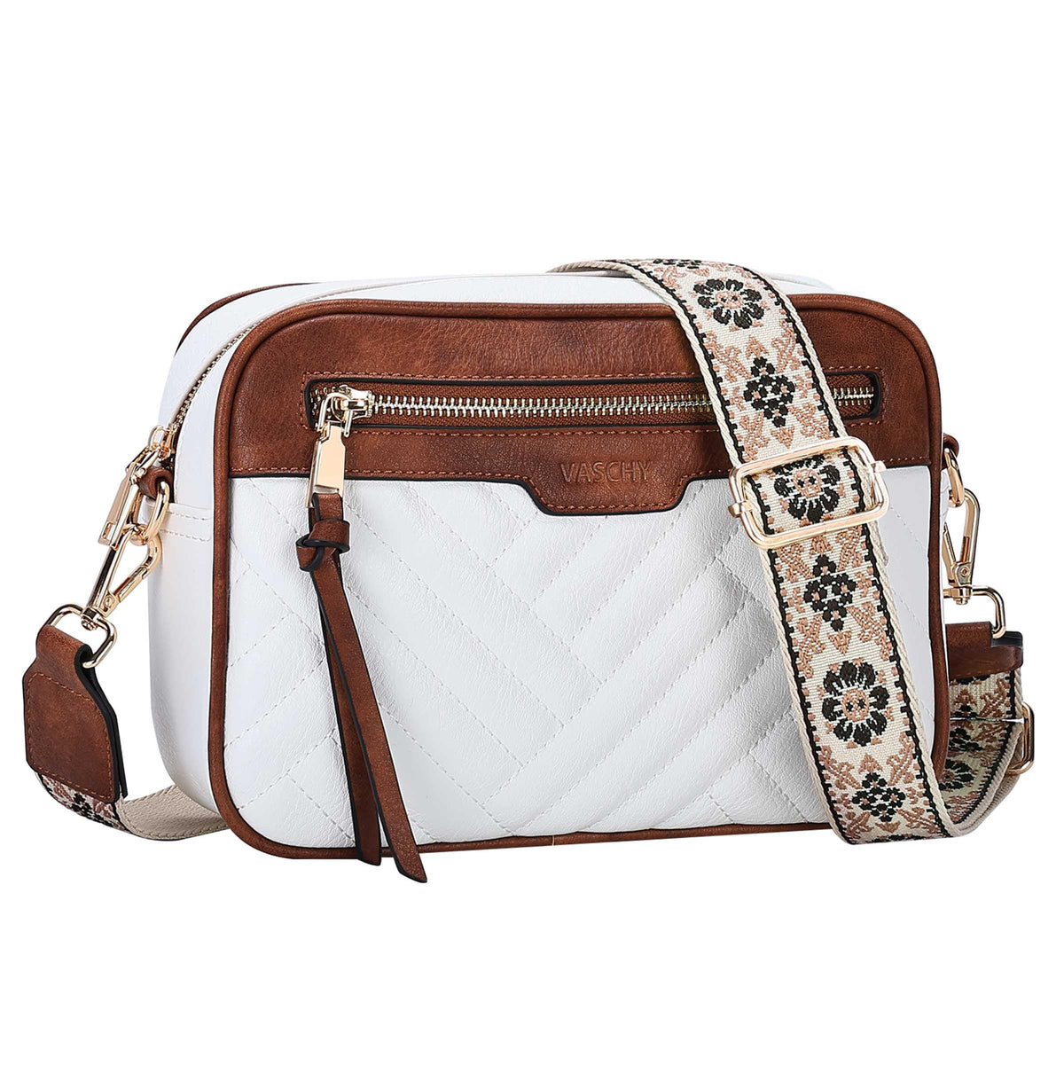 VASCHY Crossbody Bags for Women, Trendy Vegan Leather Purse Handbag Quilted Chevron Small Crossover Shoulder Bag with Detachable Guitar Strap,Beige