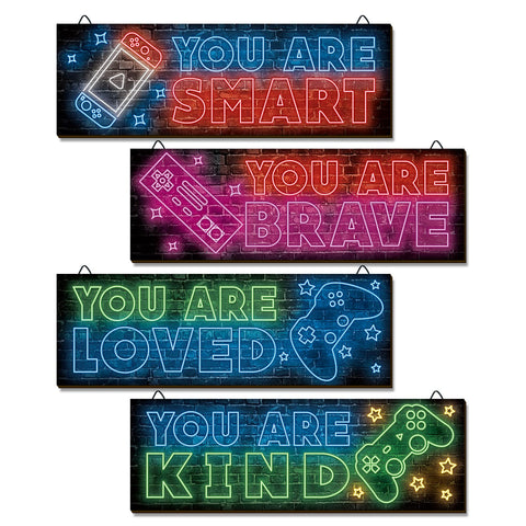 clothmile 4 Pieces Neon Gaming Decor for Boys Room Wooden Video Game Wall Art Print 12 X 4 Inch Motivational Quote Gamer Hanging Plaques Wall Decor for Boys Kids Room Bedroom Playroom Decorations