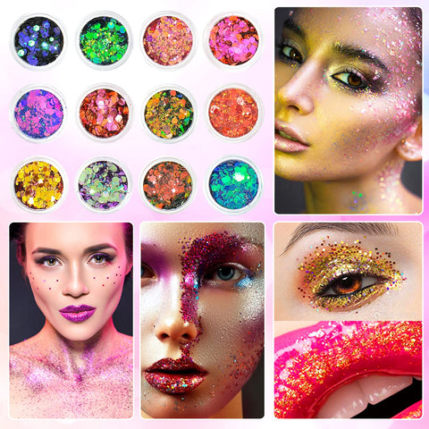 AOOWU Chunky Glitter, 12 Colors Festival Glitter, Nail Glitter Powder, Holographic Cosmetic Glitter for Face Body Eye Hair Nail and DIY Art (A)