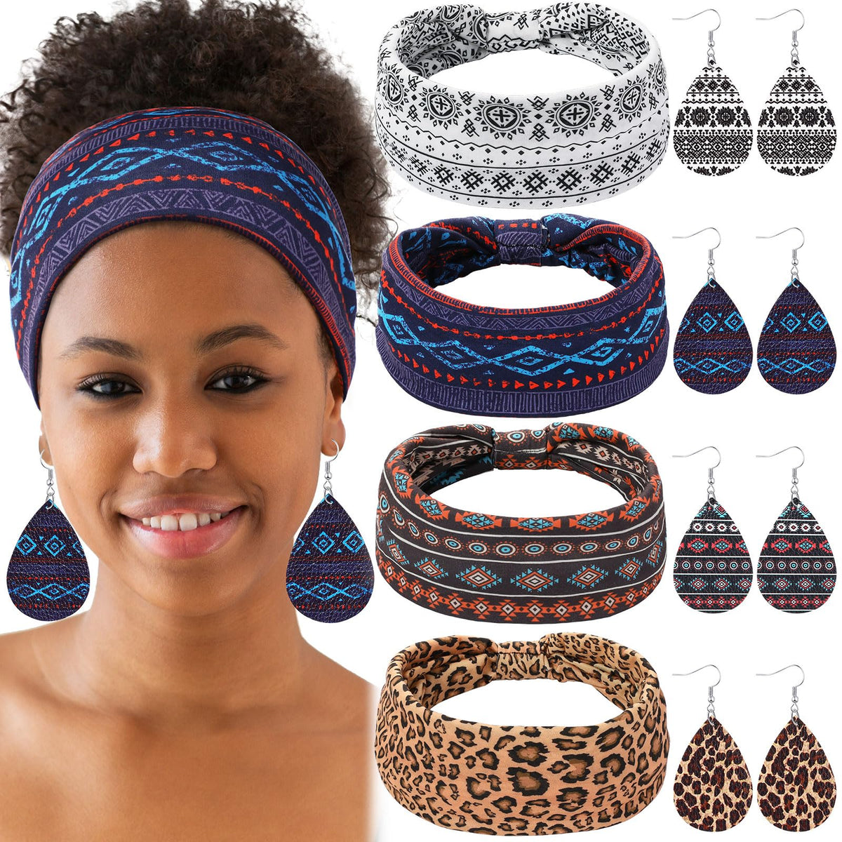 WILLBOND 4 Pcs African Headband with 4 Pcs African Faux Leather Earrings for Woman,African Boho Print Headband Head Wrap African Jewelry Sets for Women (Retro Pattern)